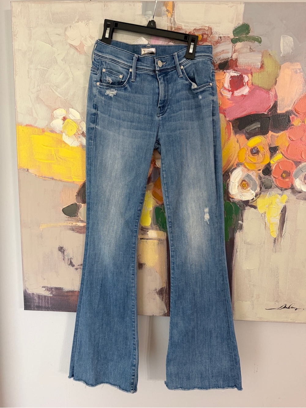 MOTHER Blue Distressed Flare Jeans